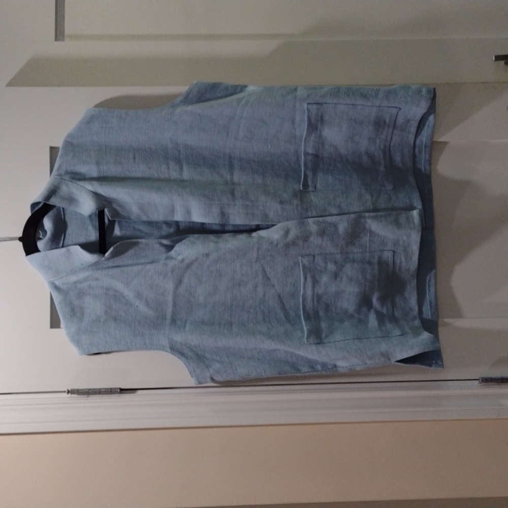 Blue linen vest with standup collar (probably Eileen Fisher)